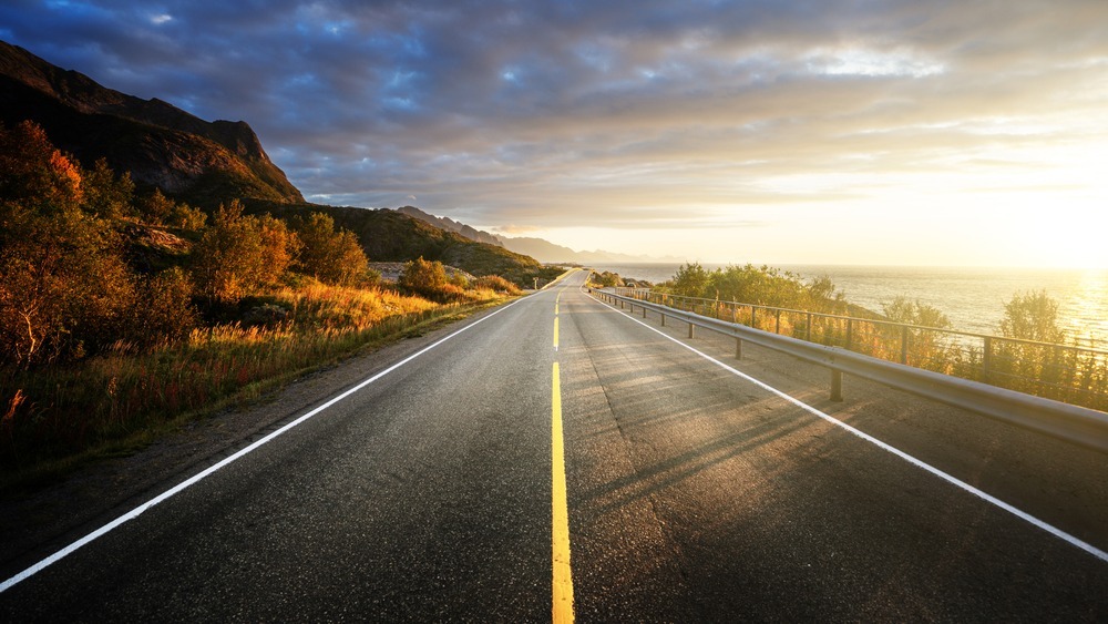 road by the sea in sunrise time,  Lofoten island, Norway-1-1